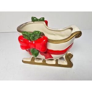 Vintage Fitz & Floyd Ceramic Christmas Sleigh Planter Candy Dish Taiwan